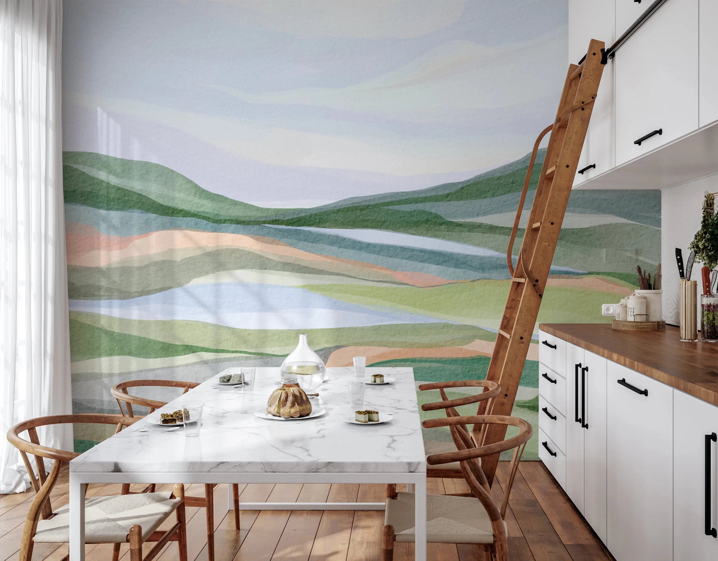 Minimalist hillscape mural with blue water tones., GD8467