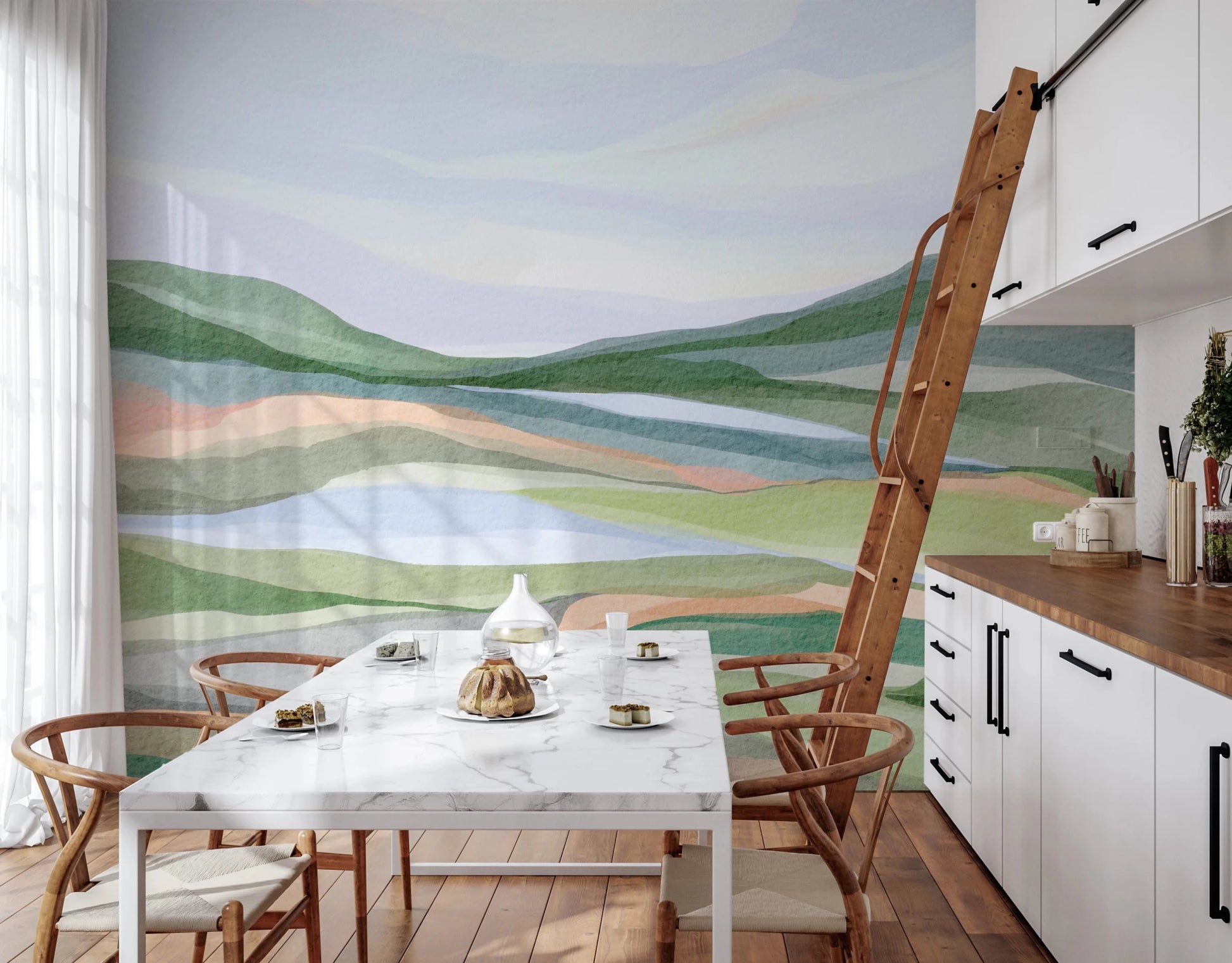 Minimalist hillscape mural with blue water tones., GD8467