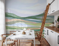 Minimalist hillscape mural with blue water tones., GD8467