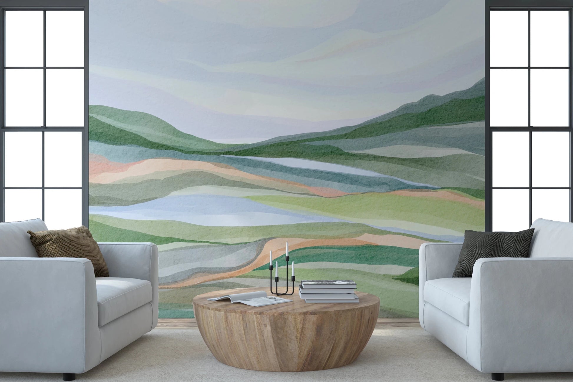 Tranquil nature mural with soft watercolor strokes., GD8467