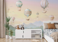 Kids mural wallpaper: hot air balloons floating art