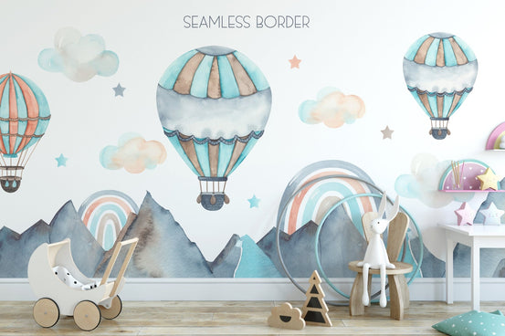 Watercolor hot air balloons mural design A935