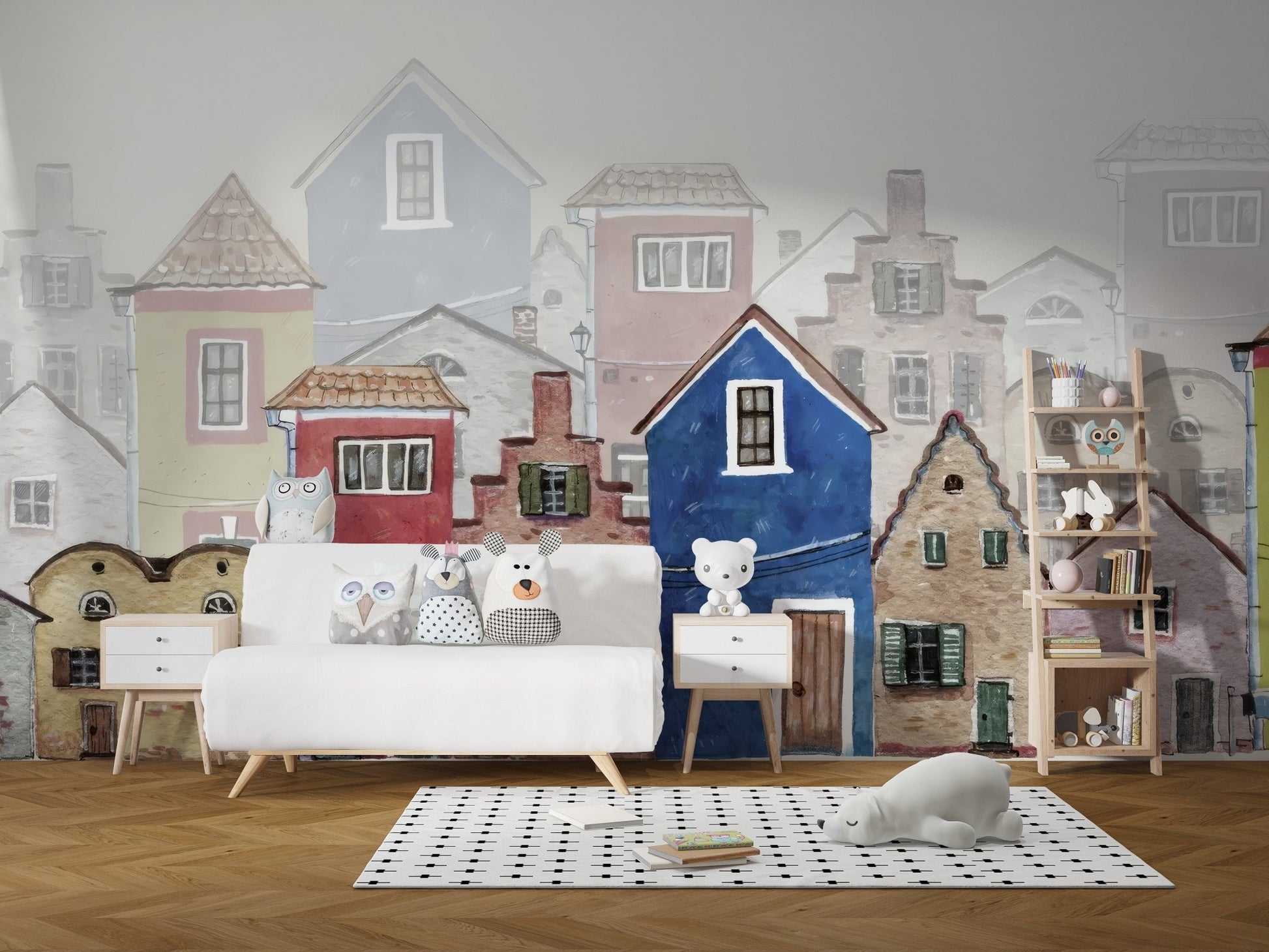Rustic watercolor houses wallpaper with vintage charm
