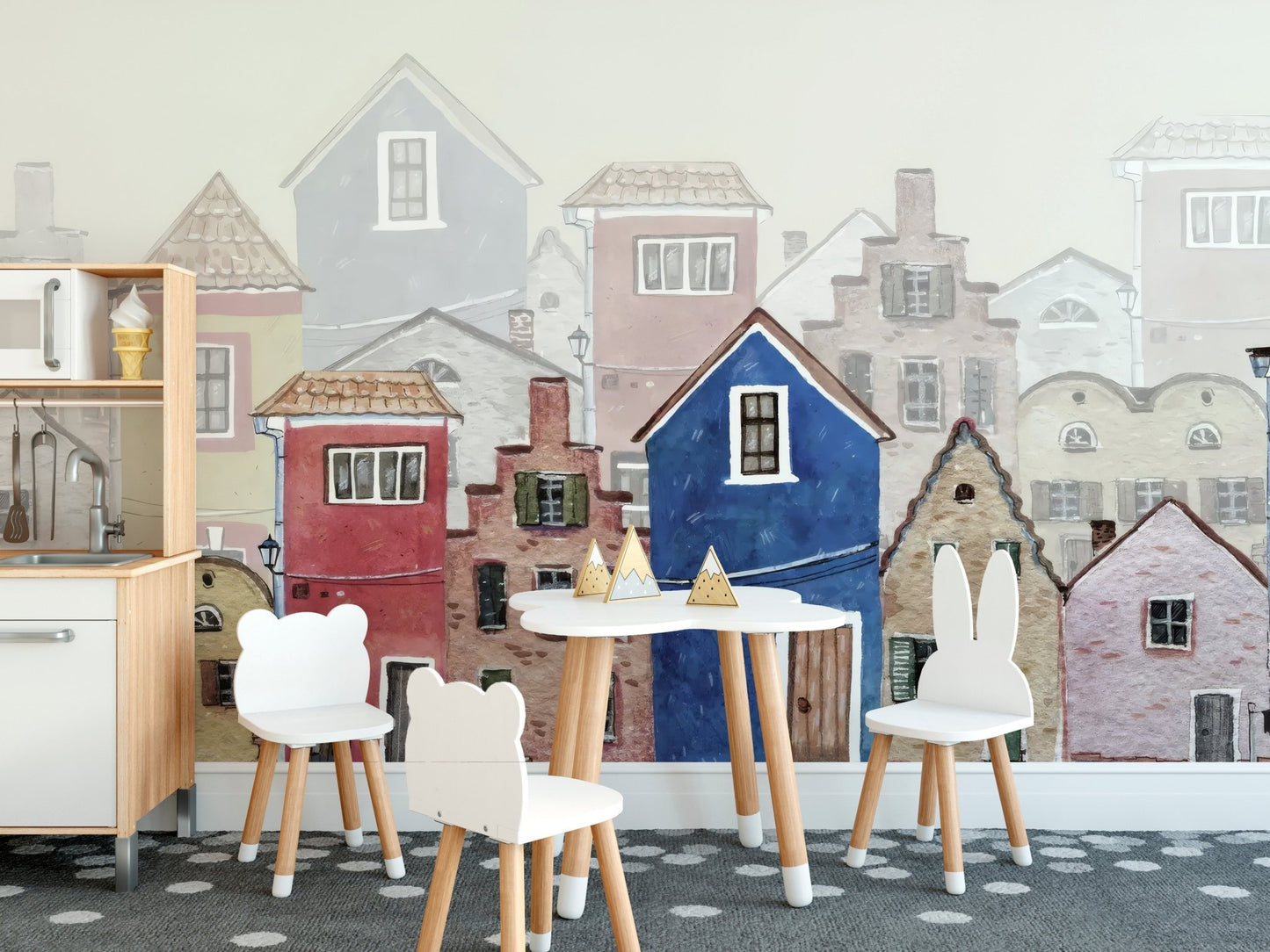Minimalist watercolor houses wallpaper for kids room