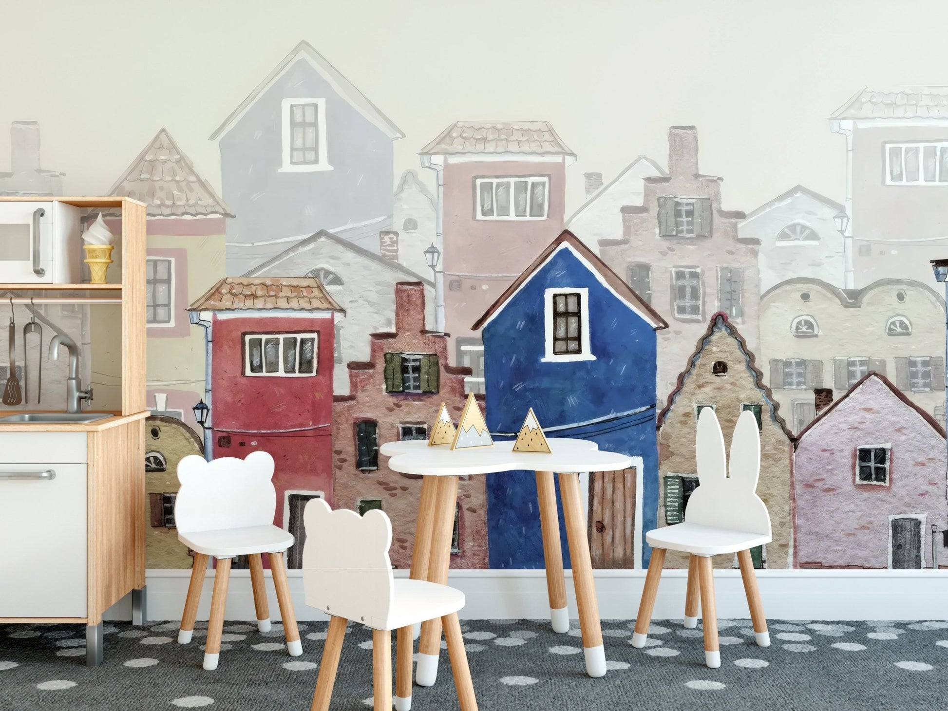 Minimalist watercolor houses wallpaper for kids room