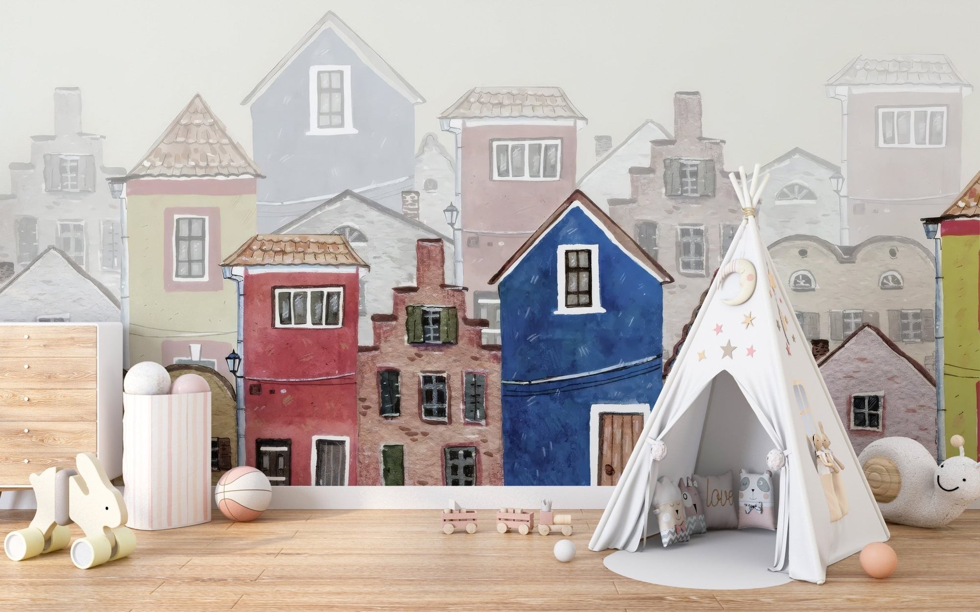 Colorful watercolor houses mural wallpaper for living rooms, C151