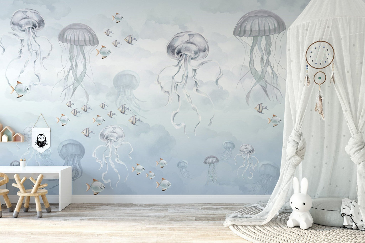 Watercolor Ocean Wallpaper Featuring Jellyfish
