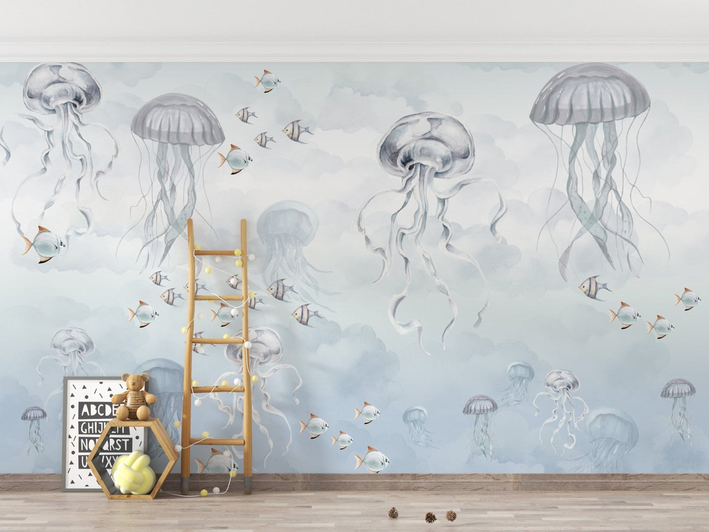 Jellyfish Ocean Mural Wallpaper in Watercolor
