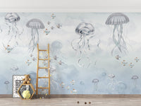 Jellyfish Ocean Mural Wallpaper in Watercolor
