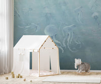 Blue watercolor jellyfish wall mural
