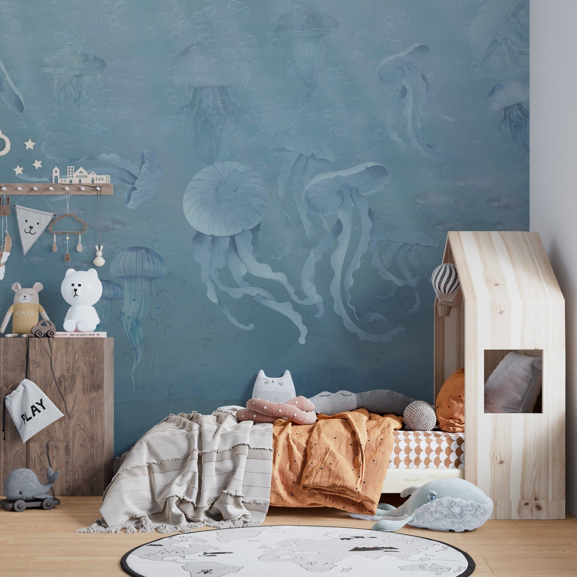 Serene ocean jellyfish wallpaper mural

