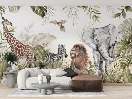 Vibrant Watercolor Animal Wallpaper for Nursery Walls A463
