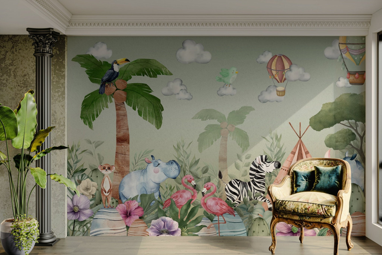 A peaceful wall mural with an organic, botanical design.

