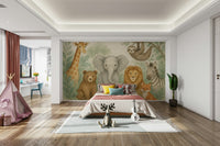 Wall mural with hand-painted jungle animal characters

