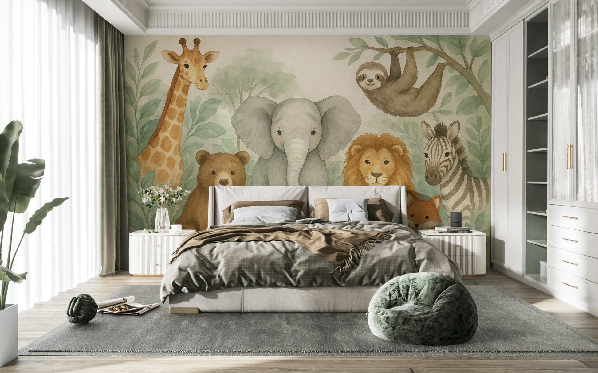 Whimsical children’s mural with jungle watercolor design


