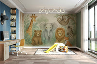 Nursery wall with watercolor lion, giraffe, and elephant

