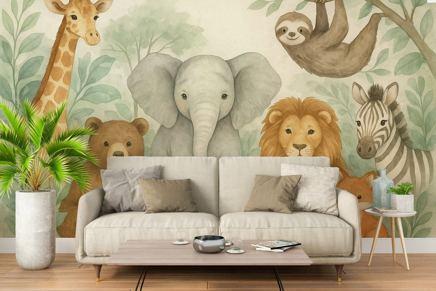 Close-up of watercolor jungle animals on wall mural

