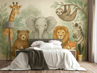Giraffe and monkey illustrations in safari nursery mural


