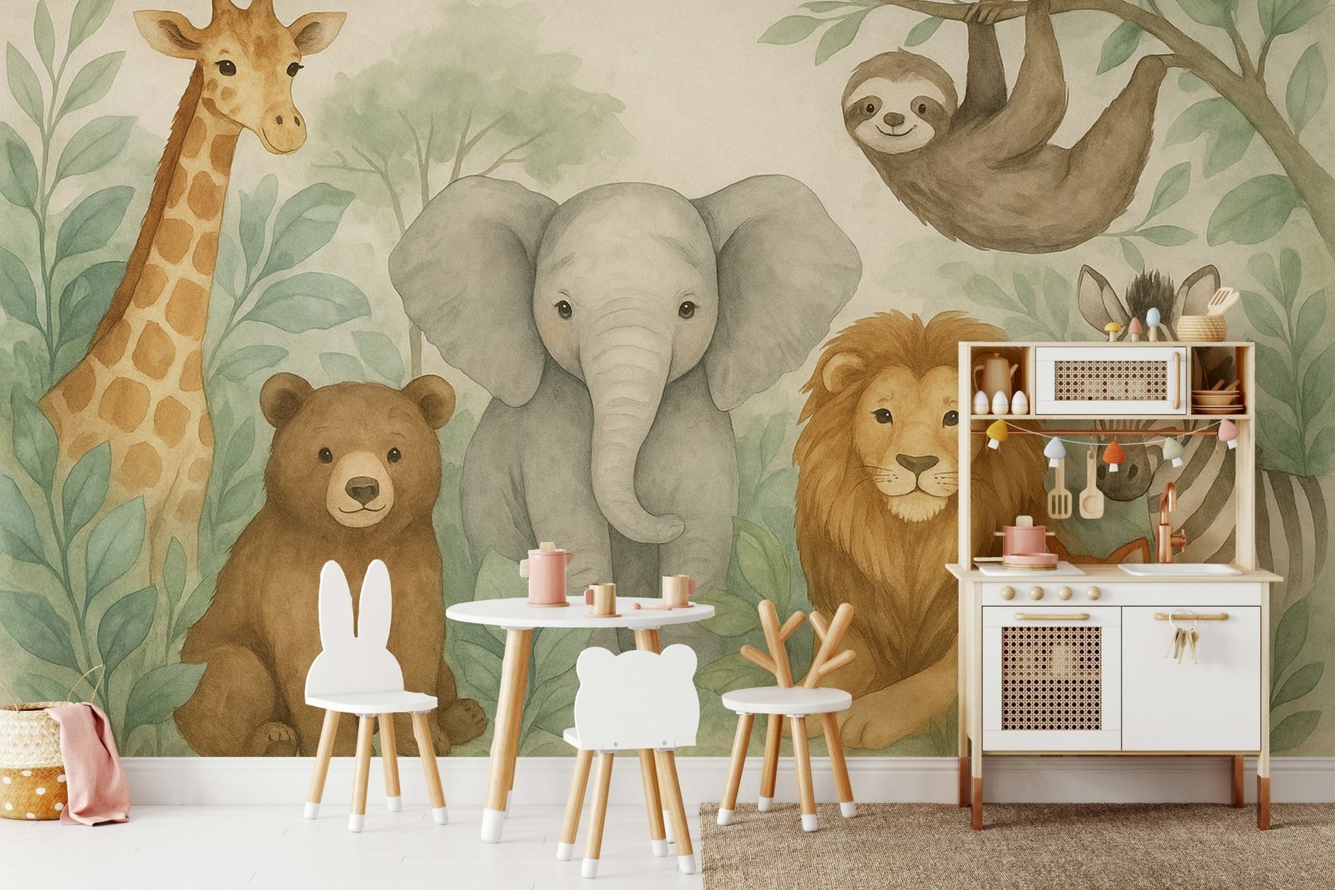 Playroom mural featuring soft jungle animal illustrations

