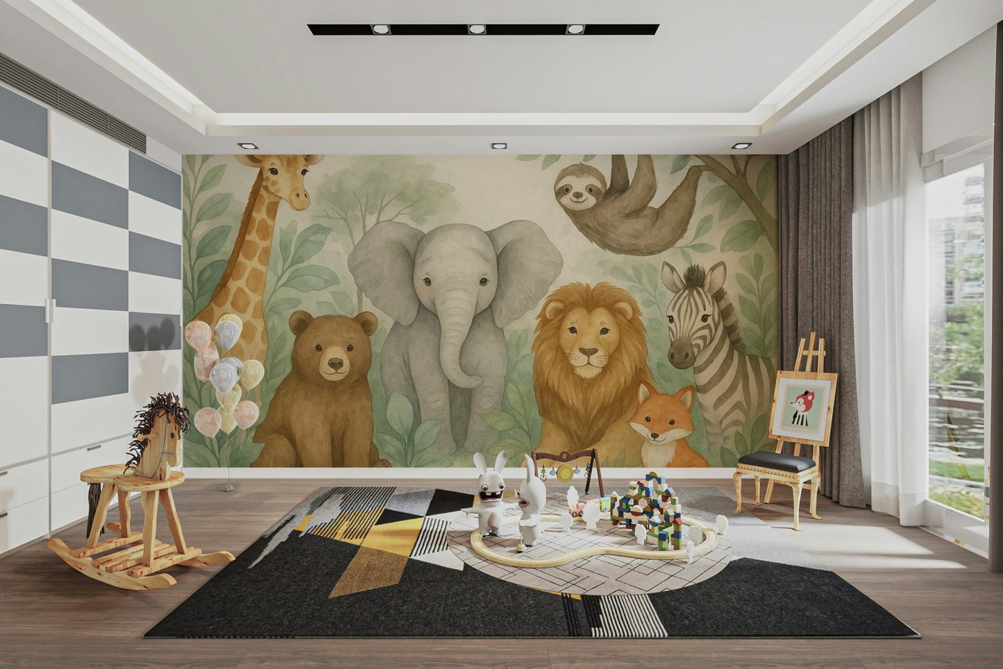Soft pastel tones in Jungle Friends wall mural

