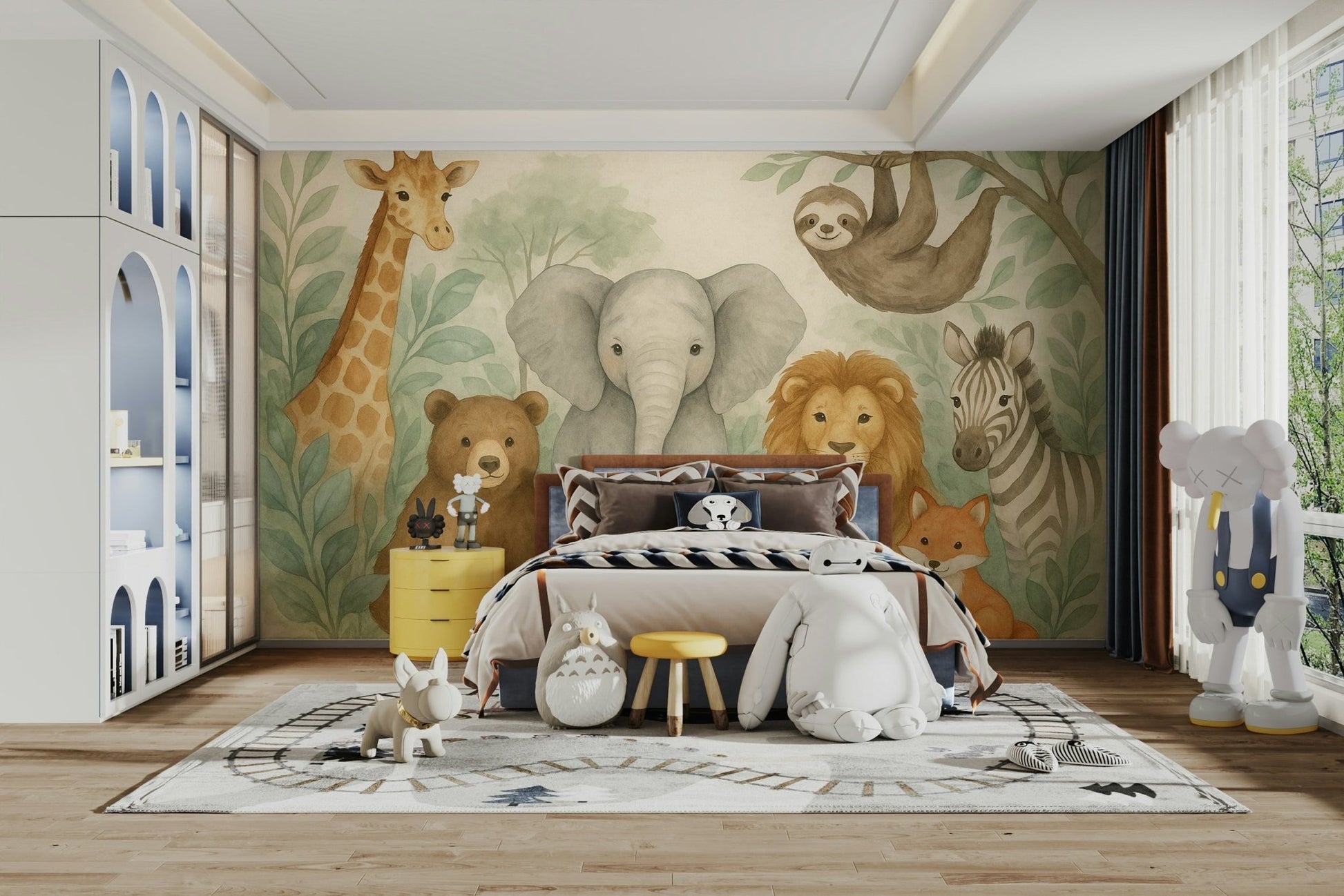 Gentle safari scene on Watercolor Jungle Friends mural

