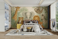 Gentle safari scene on Watercolor Jungle Friends mural

