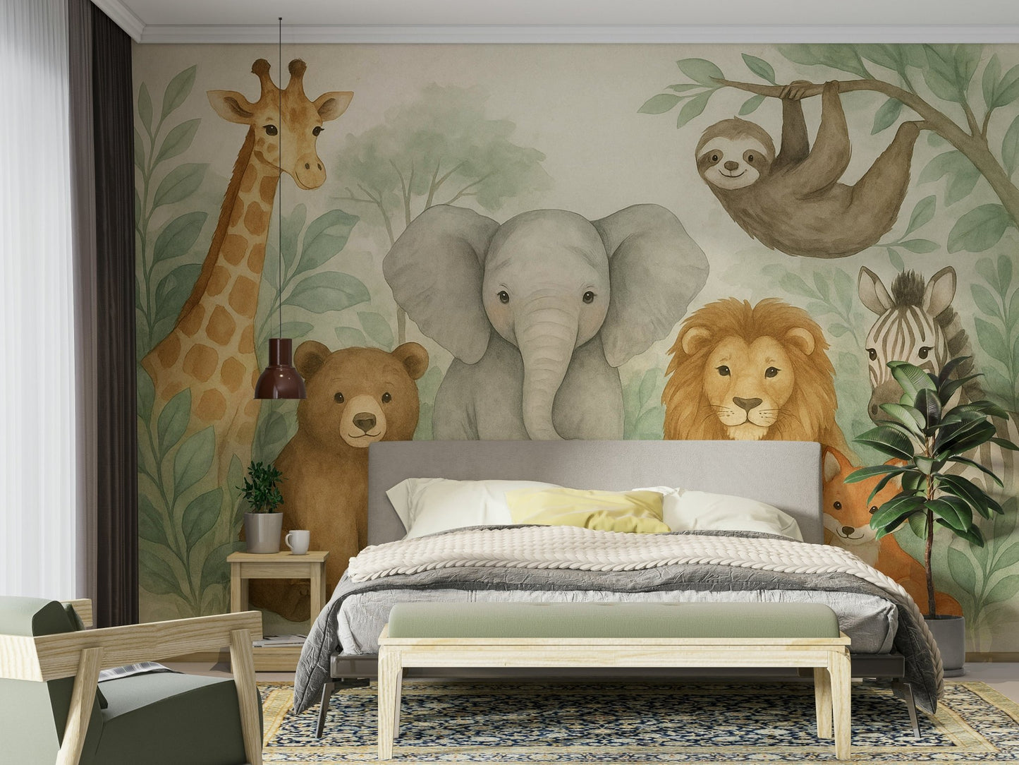 Watercolor Jungle Friends mural with safari animals

