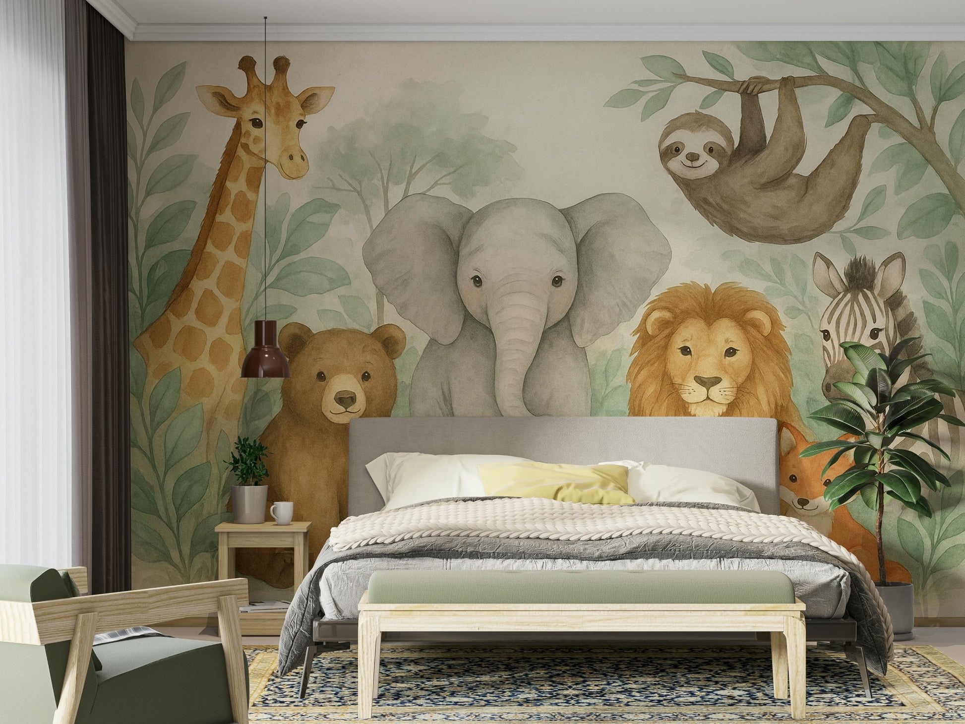 Watercolor Jungle Friends mural with safari animals

