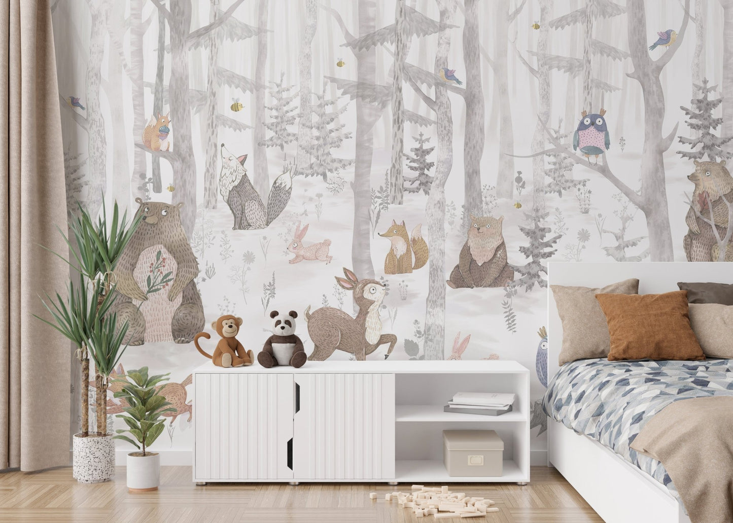 Dreamy animal watercolor kids mural tones, A418