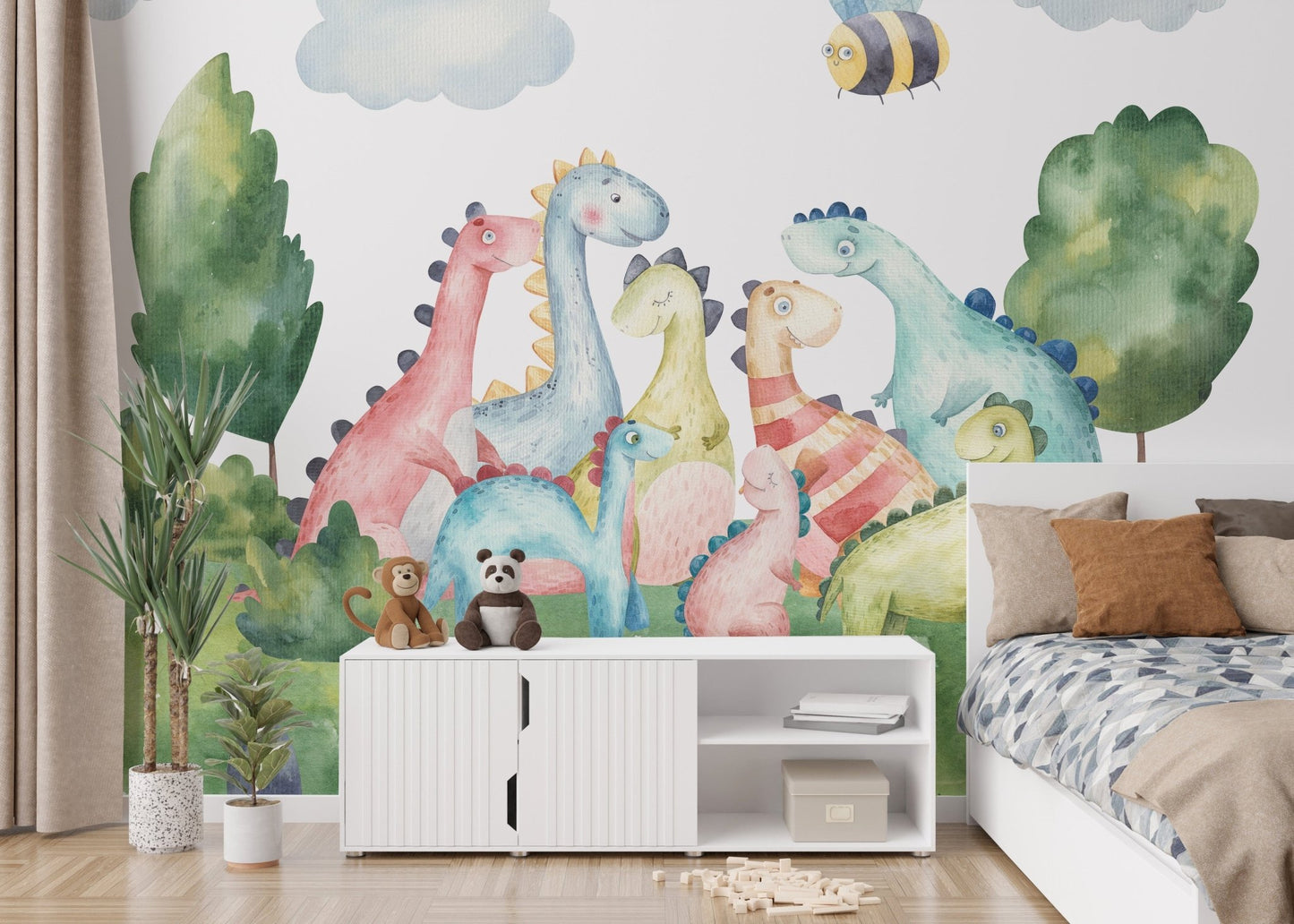 Whimsical watercolor dinosaurs for kids walls B168