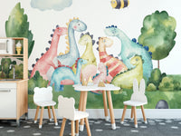 Playful watercolor dinosaur wallpaper Mural - Giffywalls B168
