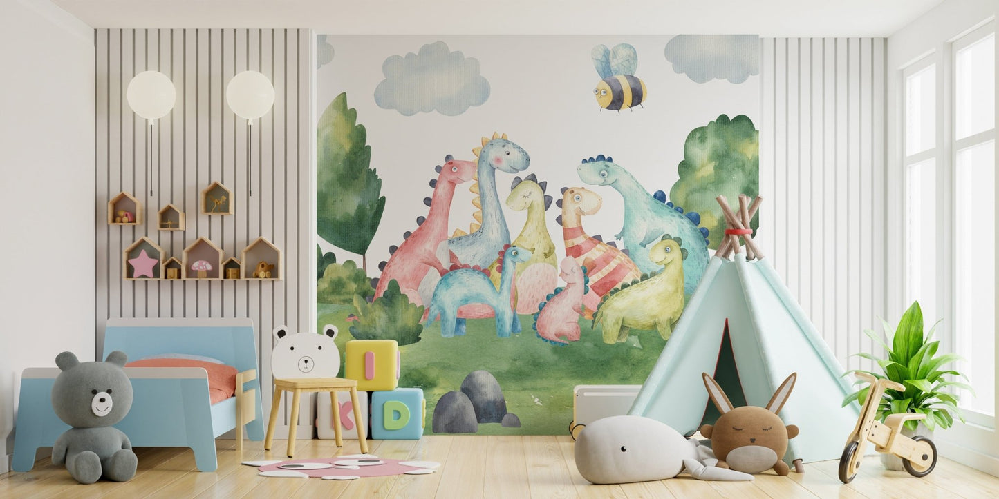 Kids room wallpaper featuring watercolor dinosaurs B168