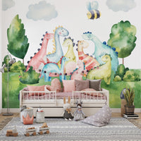 Kids mural featuring playful watercolor dinosaurs B168