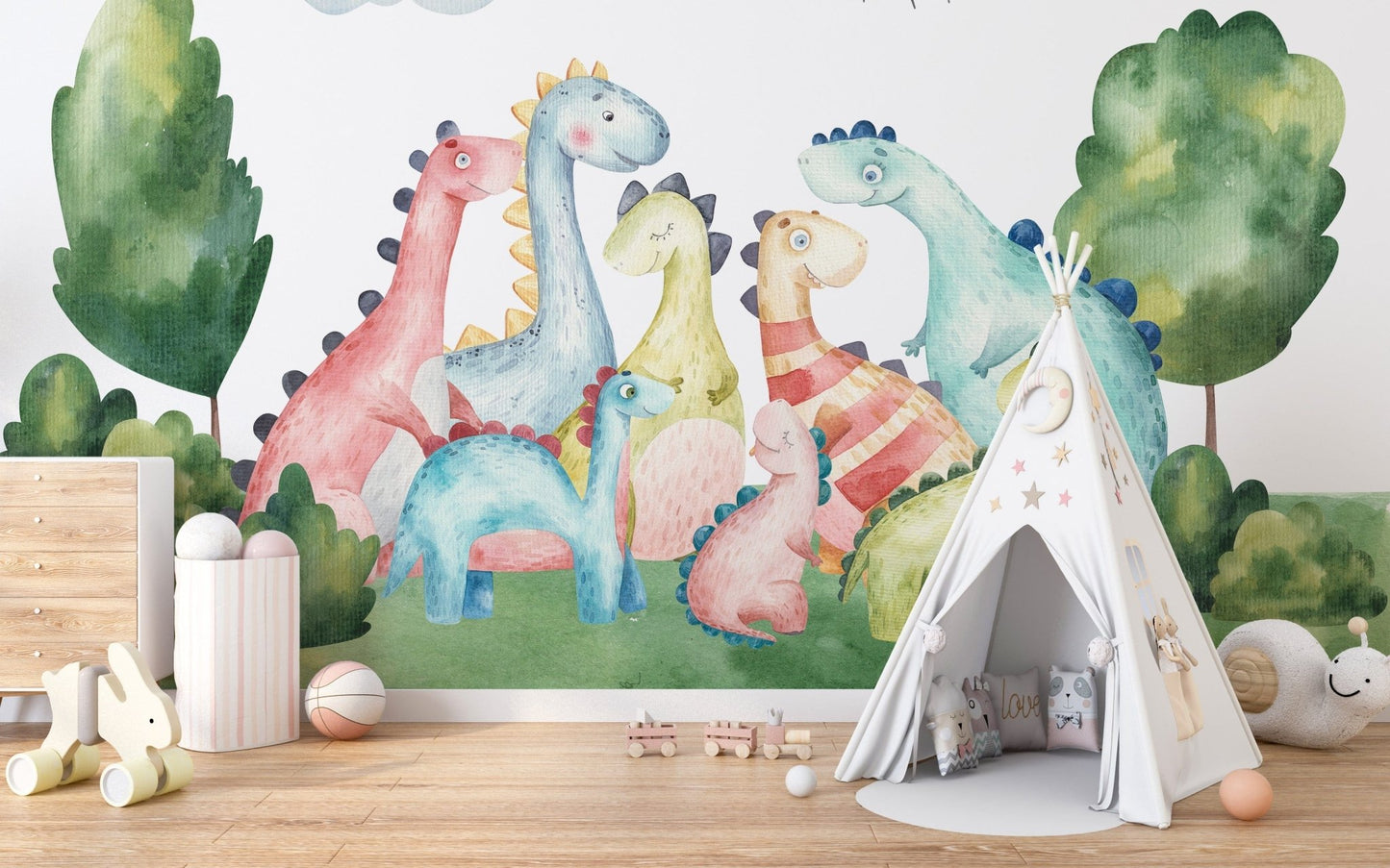 Playful watercolor dinosaur wallpaper Mural - Giffywalls B168
