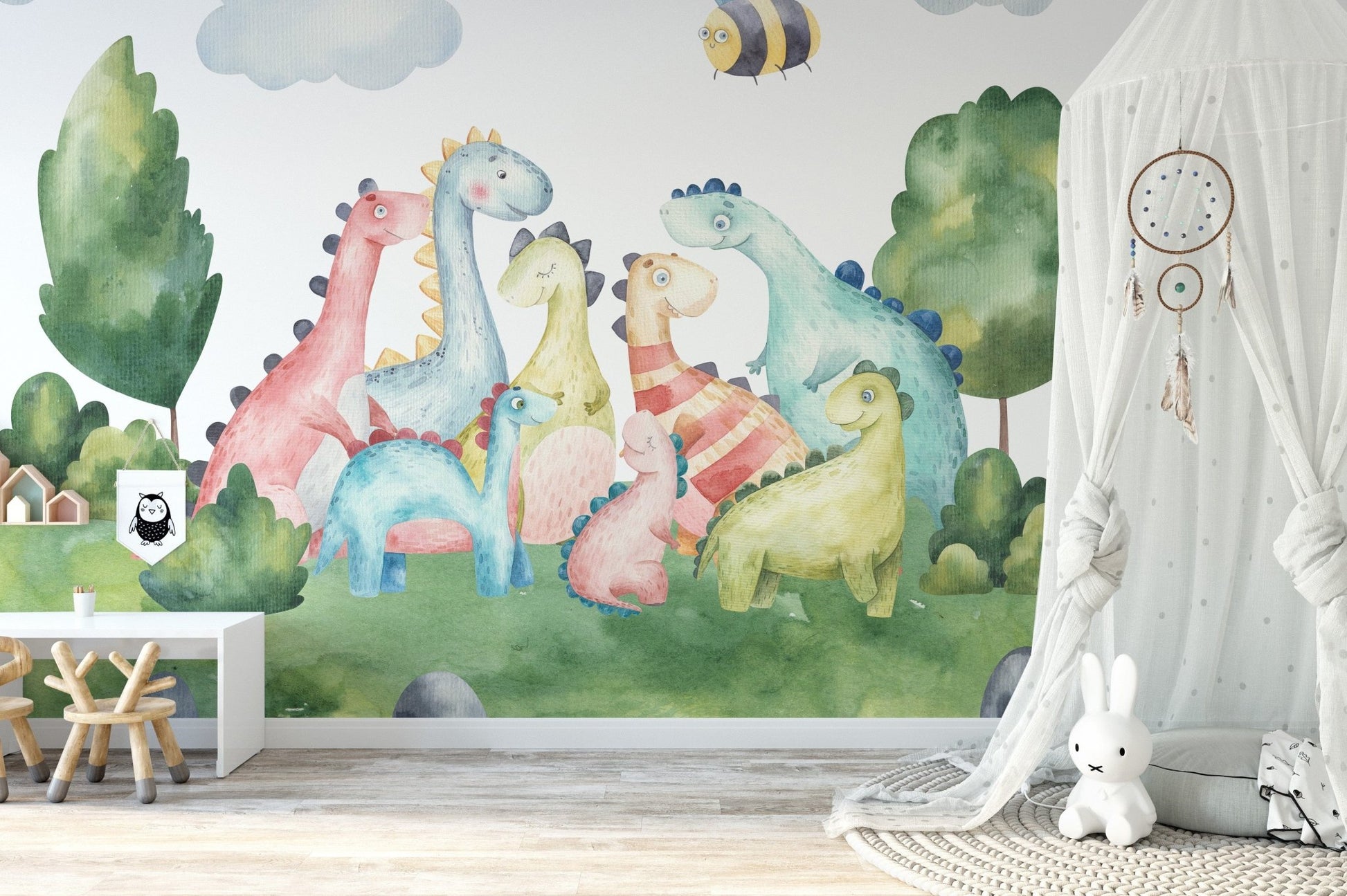 Playful watercolor dinosaur wallpaper Mural - Giffywalls B168