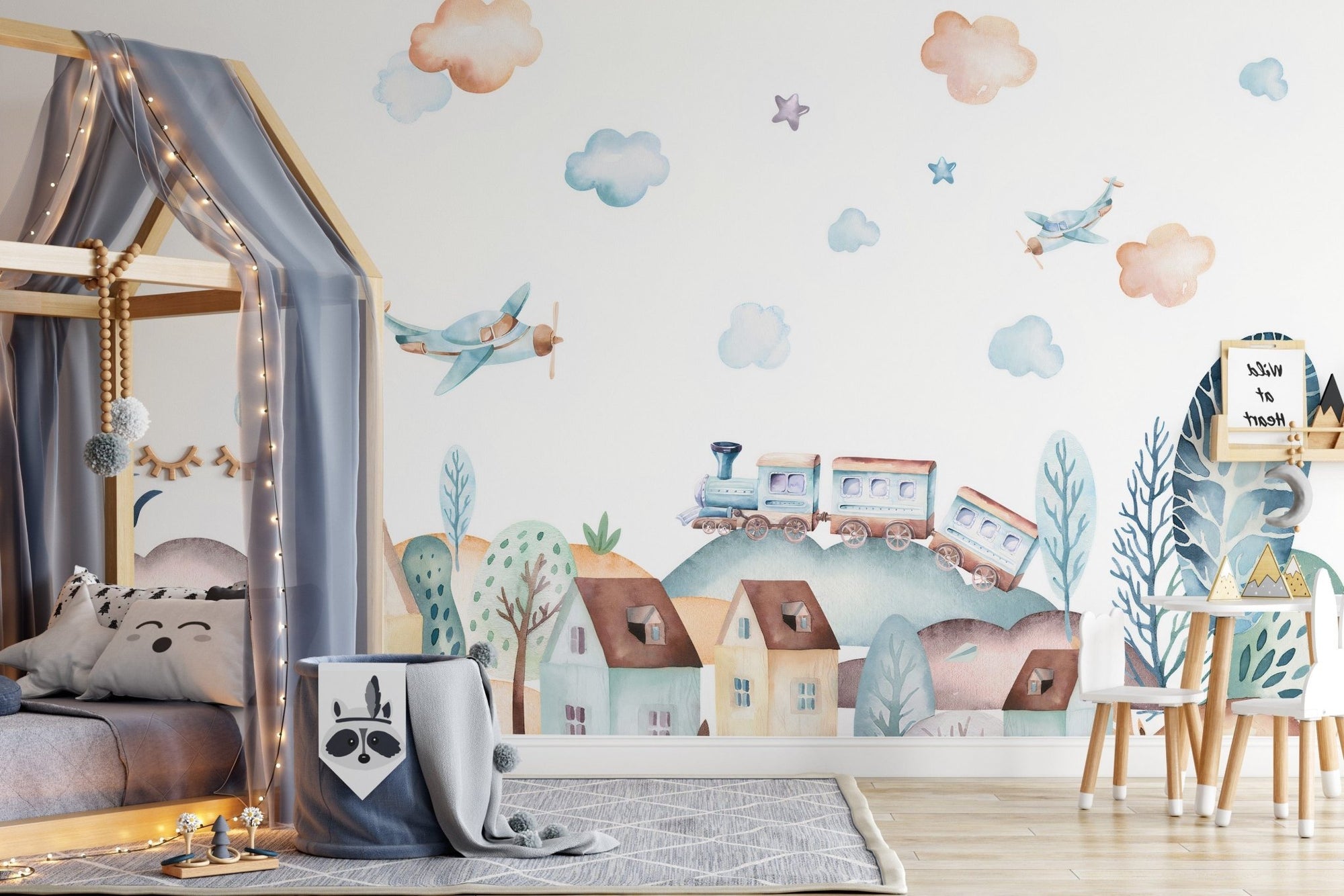 Watercolor Fun Village Wallpaper for Kids Room Decor A470
