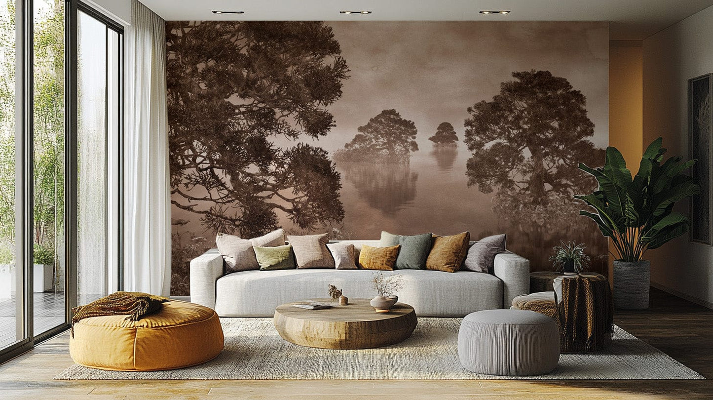 Watercolor Lake Monochrome Ink Sepia Wallpaper Murals - Giffywalls