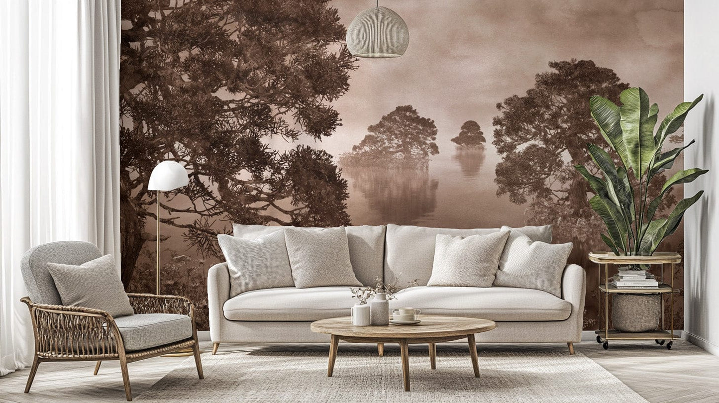 Watercolor Lake Monochrome Ink Sepia Wallpaper Murals - Giffywalls
