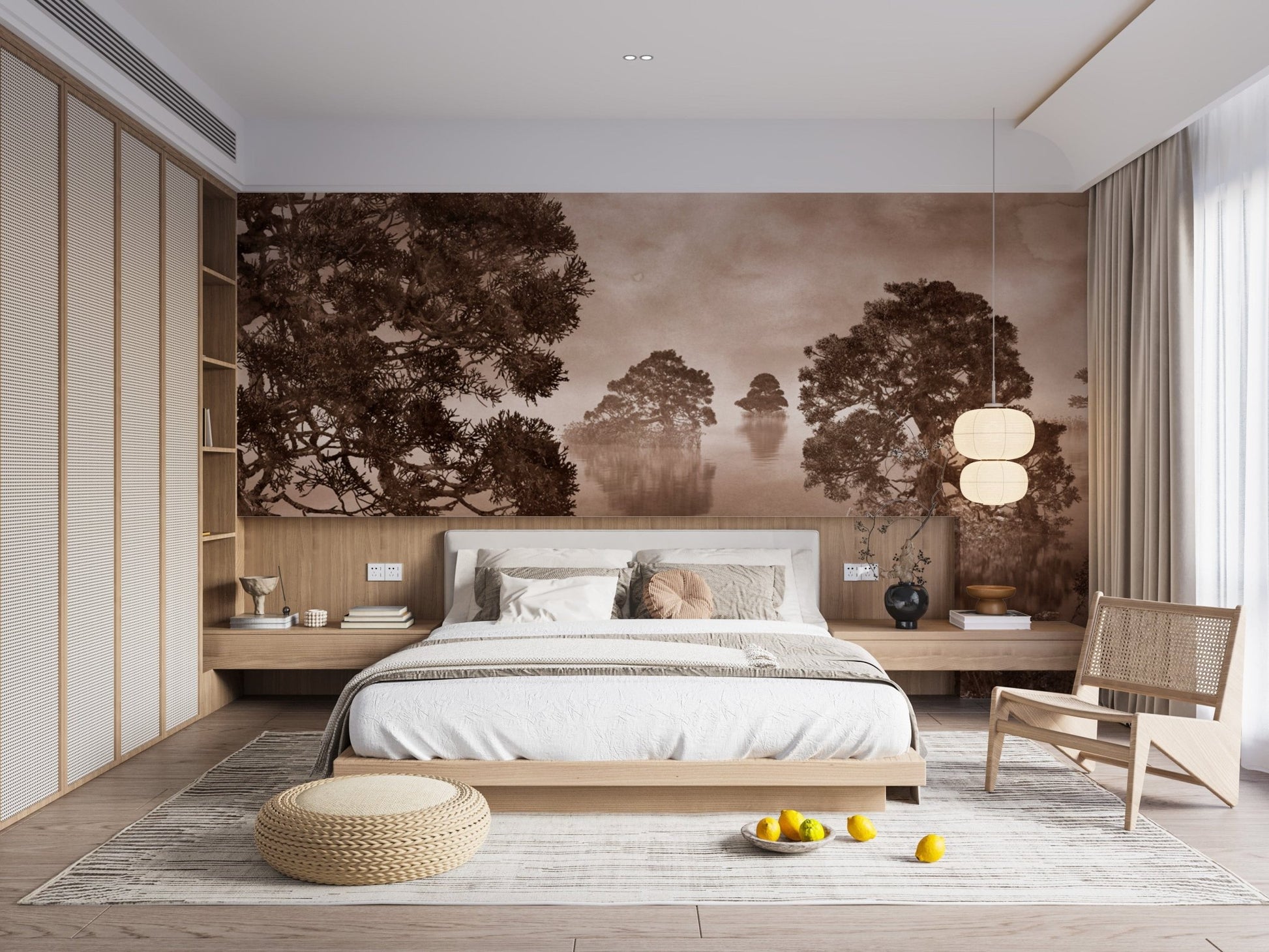 Stunning watercolor lake monochrome sepia wallpaper for modern interiors.