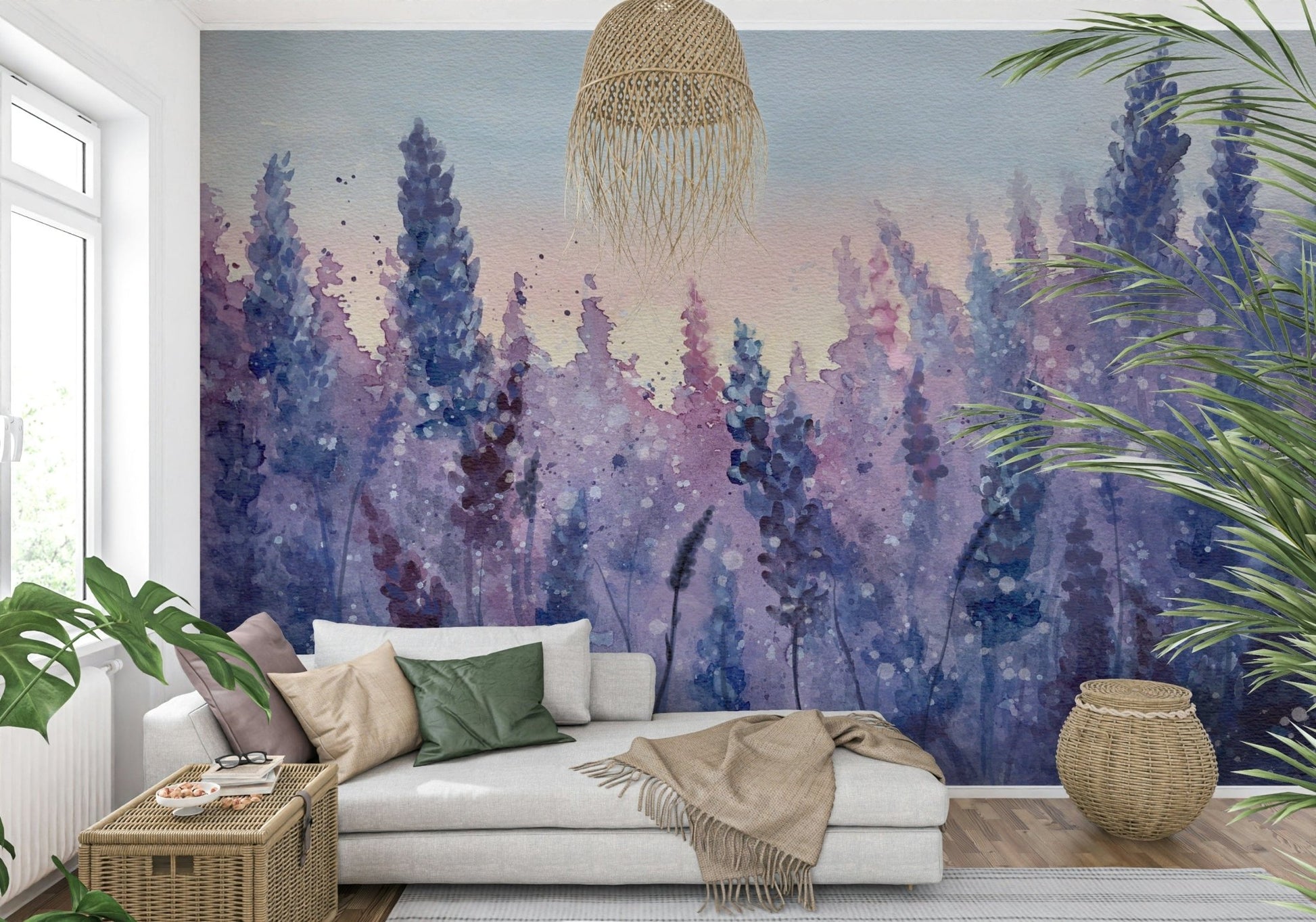 A calming floral design wallpaper mural that defines a space.