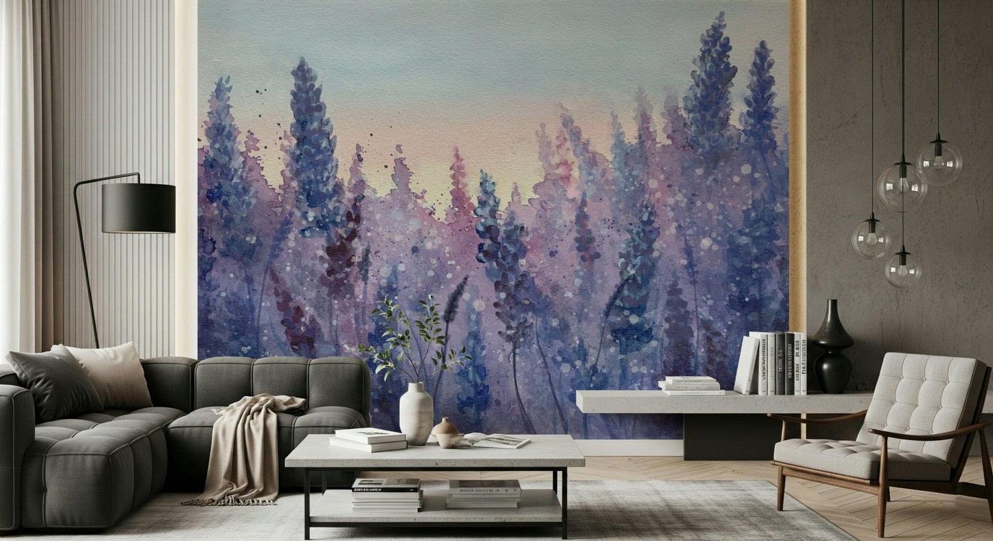 A beautiful watercolor lavender field wallpaper mural for a modern home.
