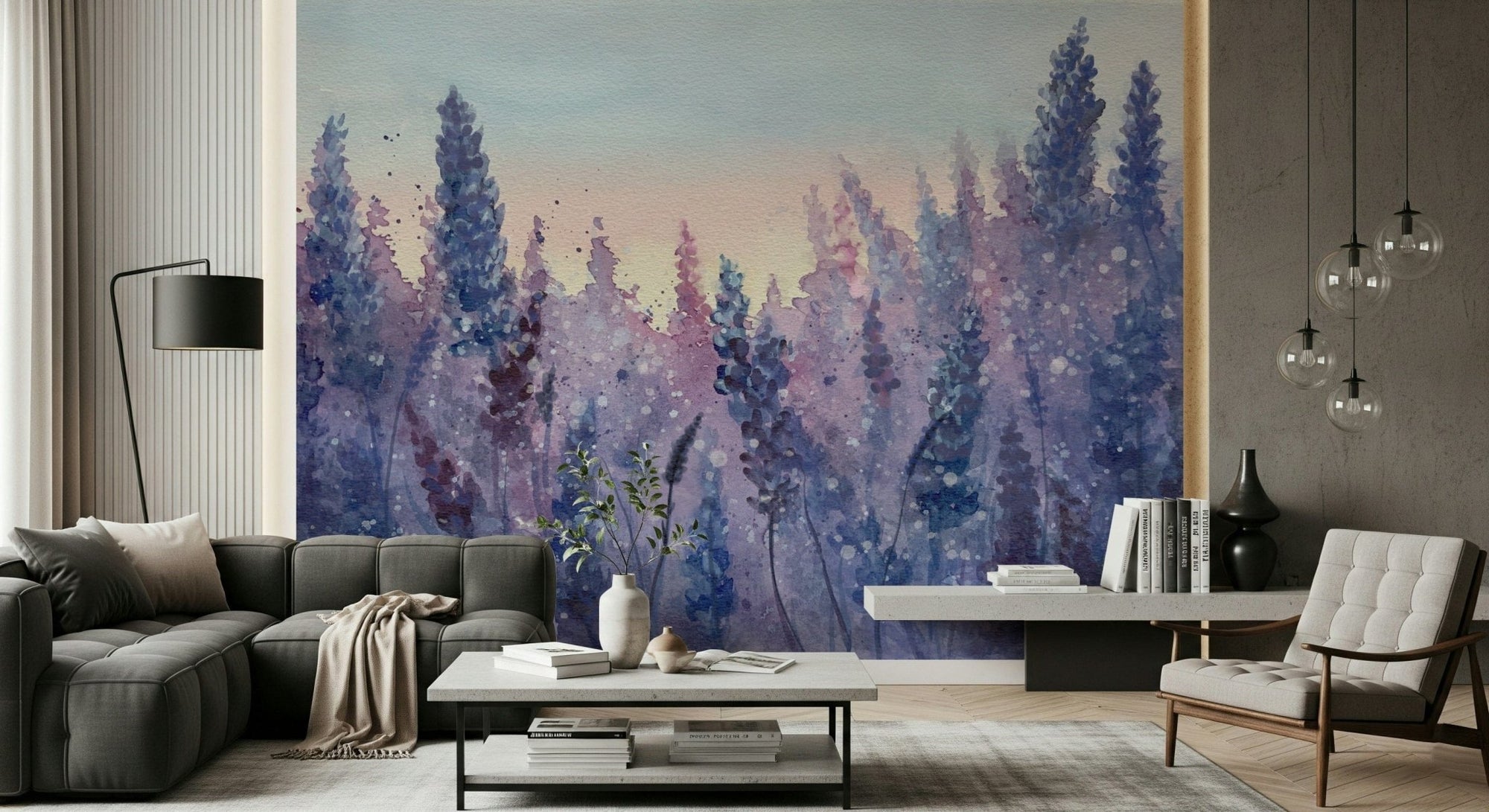 A beautiful watercolor lavender field wallpaper mural for a modern home., GD5301