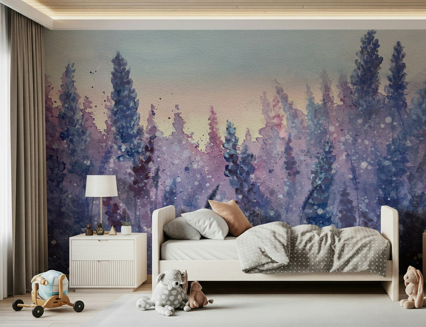 A peaceful flower design mural on decorative wallpaper.