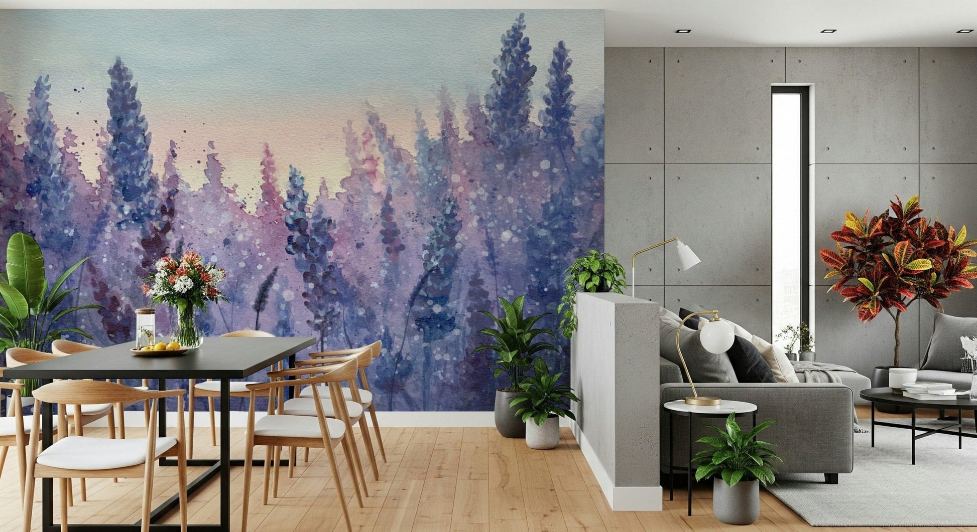 A contemplative floral pattern wallpaper mural for a feature wall.
