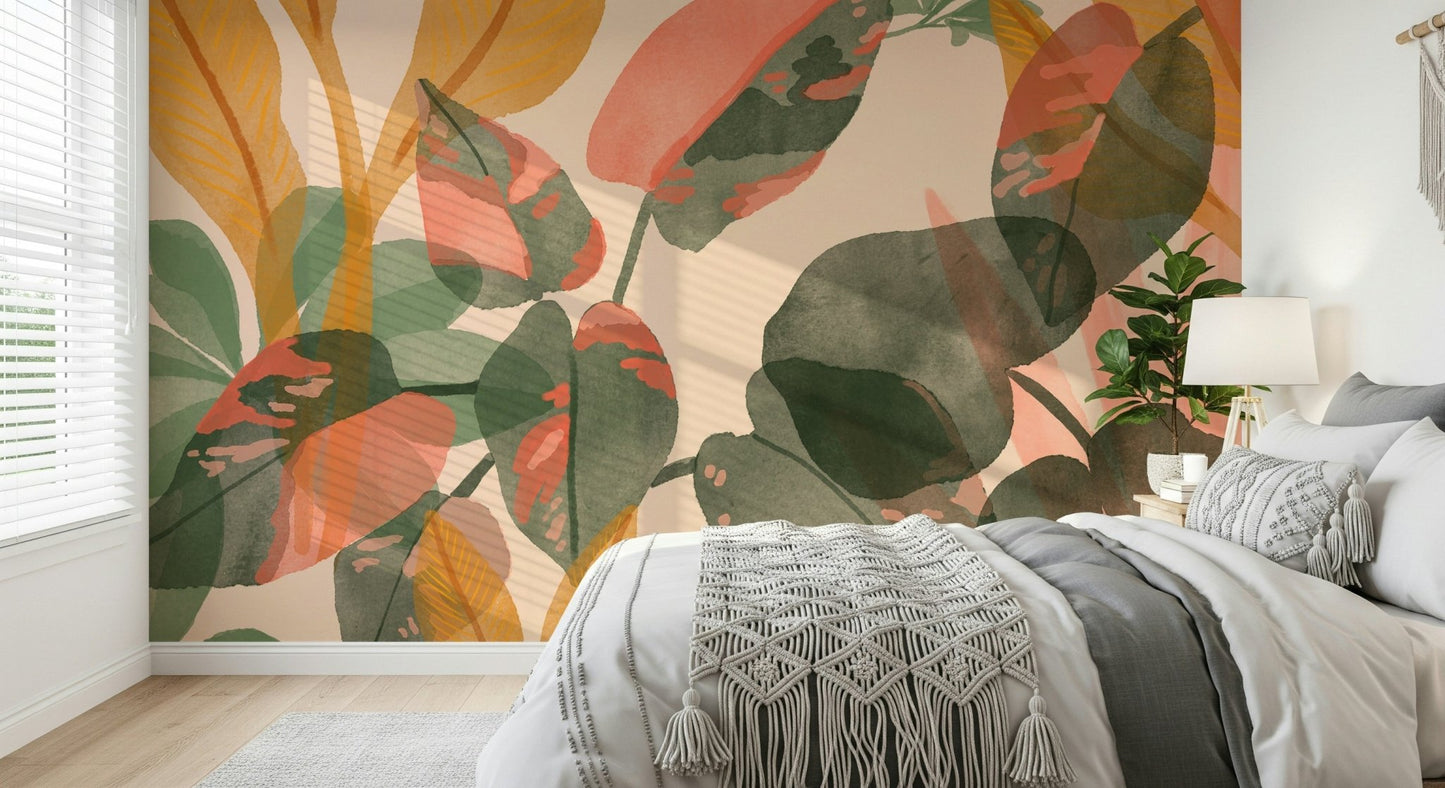 A beautiful modern art wall mural of painted leaves., GD5546