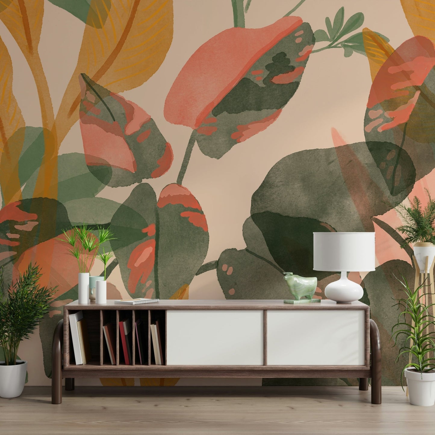 An artistic delicate leaf mural on minimalist wallpaper., GD5546