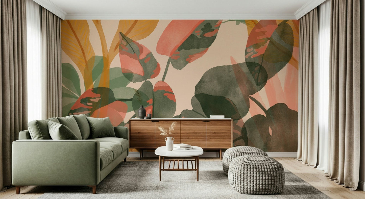 A serene subtle foliage wall mural with a painterly effect., GD5546
