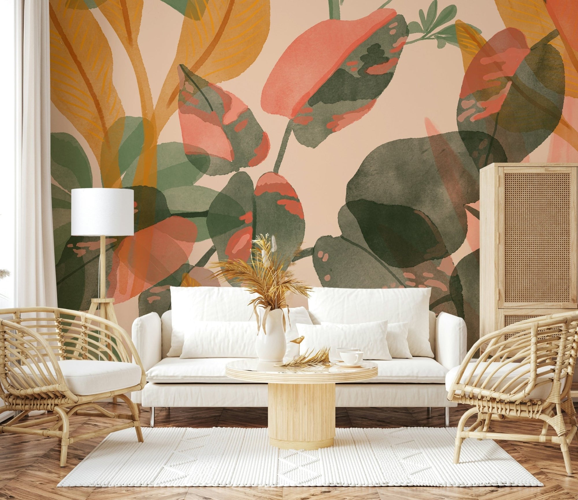A beautiful watercolor leaf wallpaper mural for a modern home., GD5546