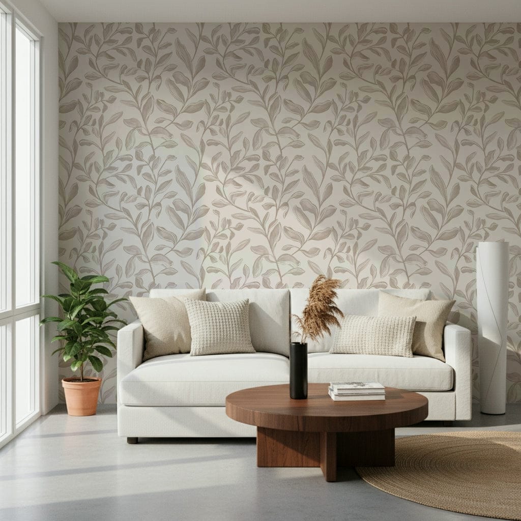 Watercolor Leaves wallpaper showing taupe foliage on a cream ground GD7423
