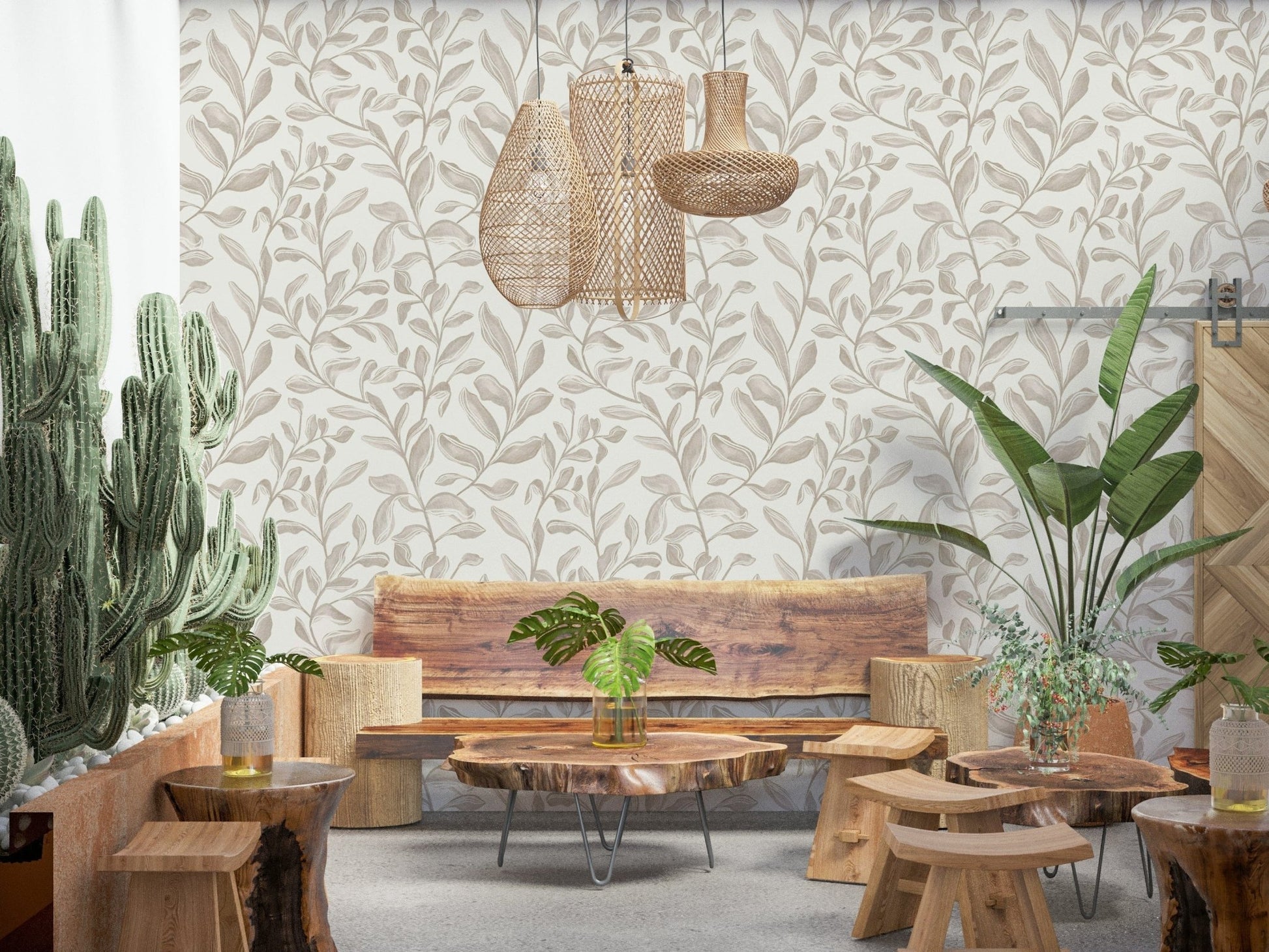 Watercolor leaves wallpaper in soft taupe on cream